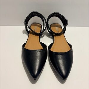 Soda Black Pointed Braided-Ankle Flats